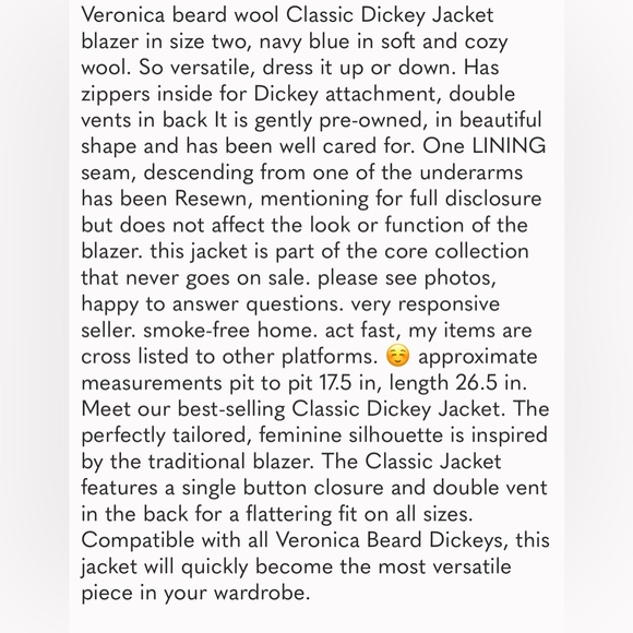 Veronica Beard 2 the "Classic Dickey Jacket" wool navy blue core - Picture 13 of 13